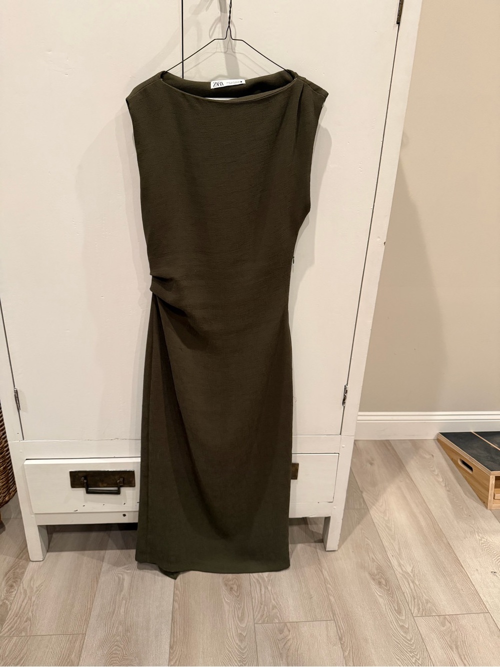 Zara Olive Green Maxi Dress with Side Drape - Picture 2 of 5